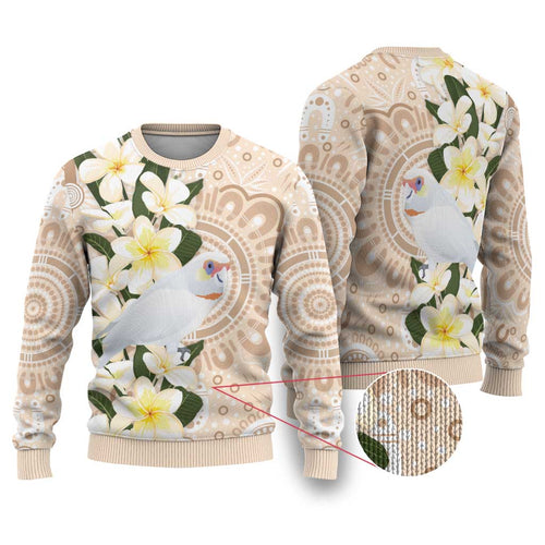 Australia Long-billed Corella Ugly Christmas Sweater Cacatua Tenuirostris Plumeria Aboriginal Art - Aussie Hoodie