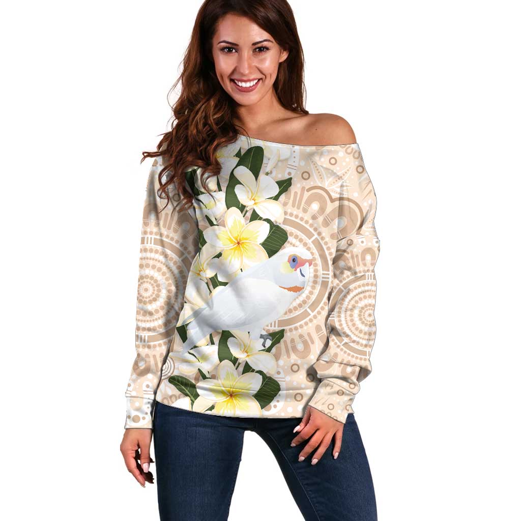 Australia Long-billed Corella Off Shoulder Sweater Cacatua Tenuirostris Plumeria Aboriginal Art - Aussie Hoodie