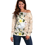 Australia Long-billed Corella Off Shoulder Sweater Cacatua Tenuirostris Plumeria Aboriginal Art - Aussie Hoodie