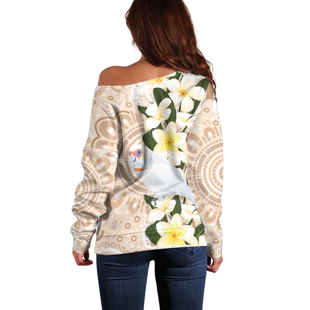 Australia Long-billed Corella Off Shoulder Sweater Cacatua Tenuirostris Plumeria Aboriginal Art - Aussie Hoodie