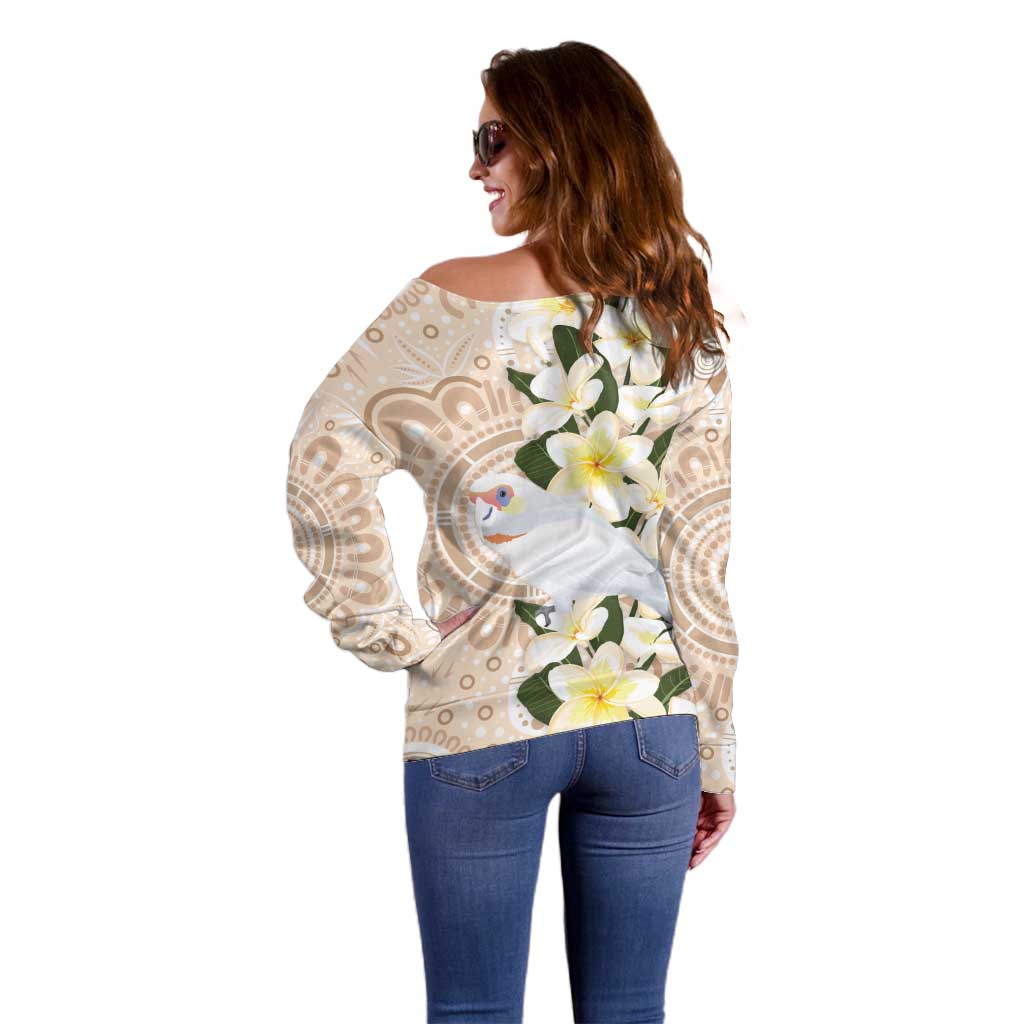 Australia Long-billed Corella Off Shoulder Sweater Cacatua Tenuirostris Plumeria Aboriginal Art - Aussie Hoodie