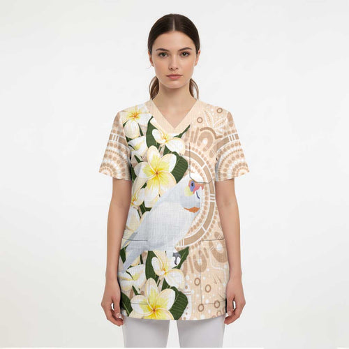 Australia Long-billed Corella Scrub Top Cacatua Tenuirostris Plumeria Aboriginal Art - Aussie Hoodie