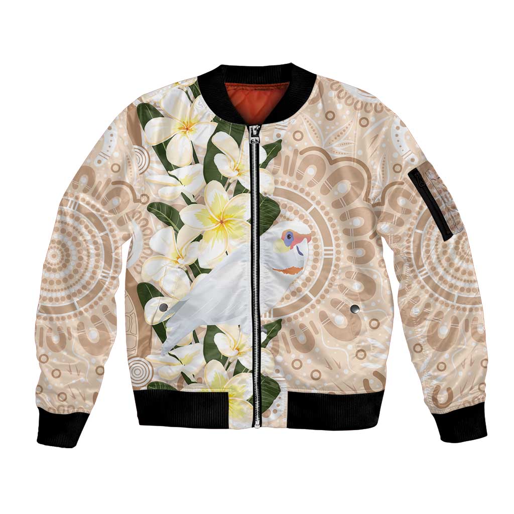 Australia Long-billed Corella Sleeve Zip Bomber Jacket Cacatua Tenuirostris Plumeria Aboriginal Art - Aussie Hoodie