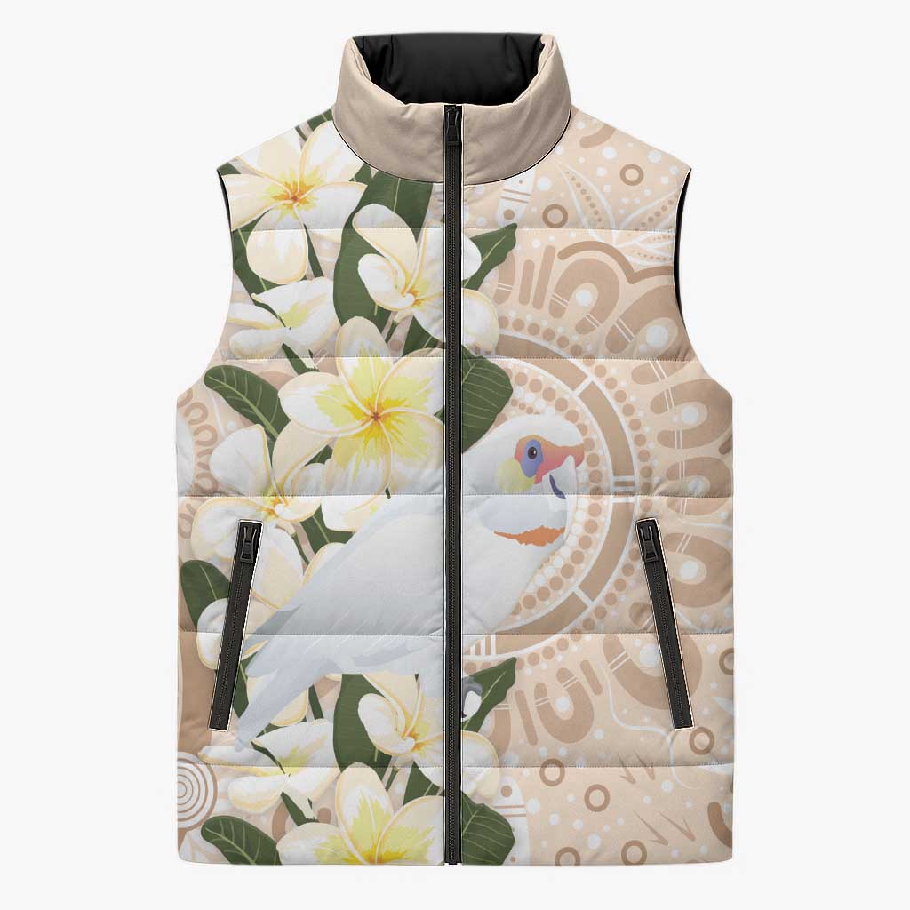 Australia Long-billed Corella Sleeveless Puffer Jacket Cacatua Tenuirostris Plumeria Aboriginal Art - Aussie Hoodie