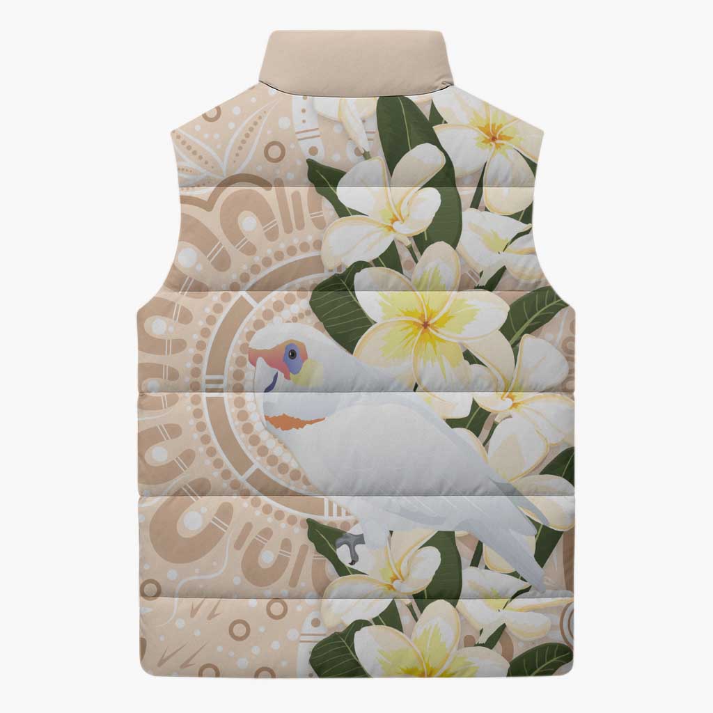 Australia Long-billed Corella Sleeveless Puffer Jacket Cacatua Tenuirostris Plumeria Aboriginal Art - Aussie Hoodie