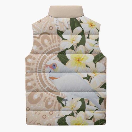 Australia Long-billed Corella Sleeveless Puffer Jacket Cacatua Tenuirostris Plumeria Aboriginal Art - Aussie Hoodie