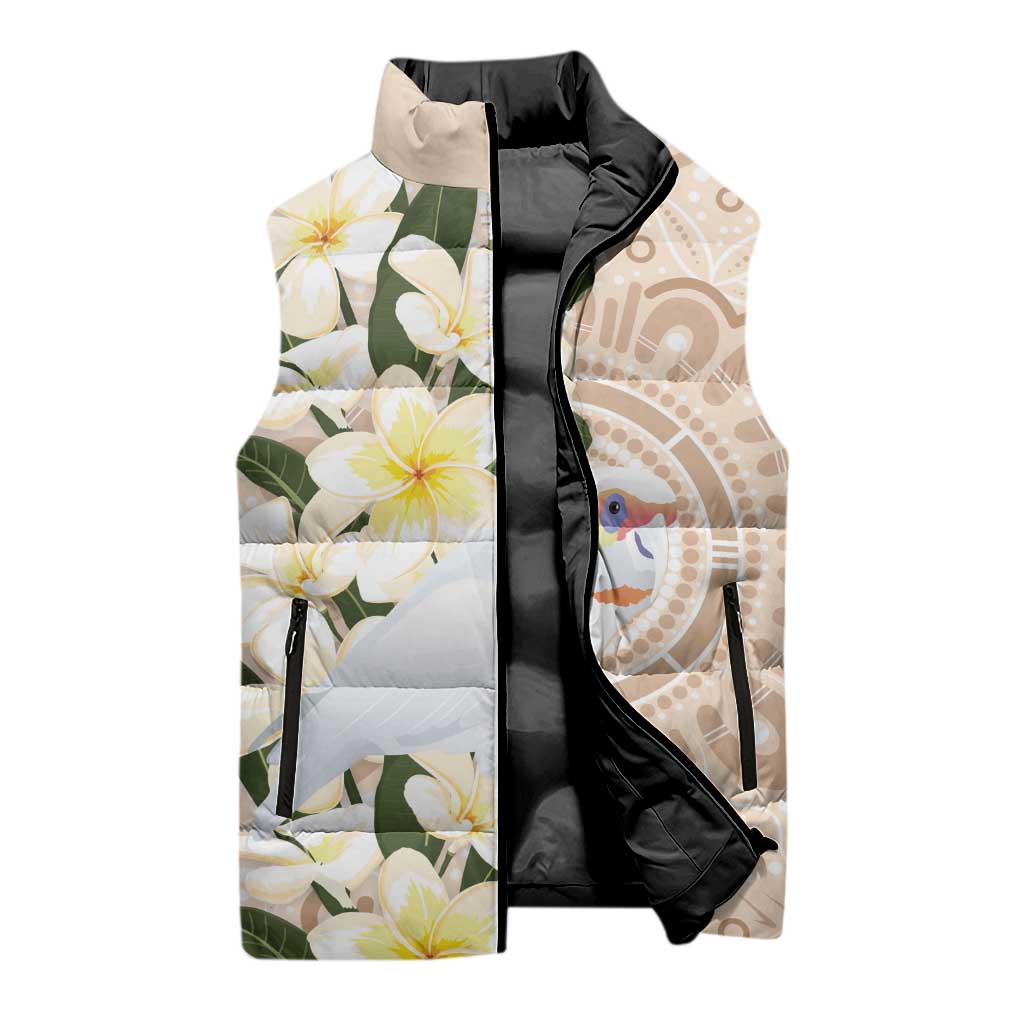 Australia Long-billed Corella Sleeveless Puffer Jacket Cacatua Tenuirostris Plumeria Aboriginal Art - Aussie Hoodie
