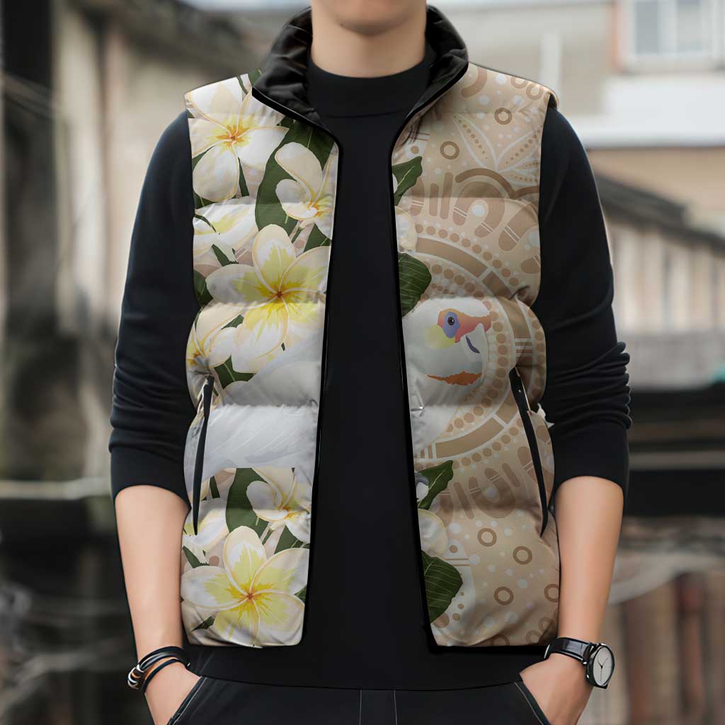 Australia Long-billed Corella Sleeveless Puffer Jacket Cacatua Tenuirostris Plumeria Aboriginal Art - Aussie Hoodie