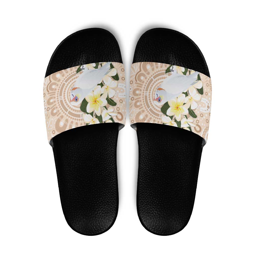 Australia Long-billed Corella Slide Sandals Cacatua Tenuirostris Plumeria Aboriginal Art - Aussie Hoodie