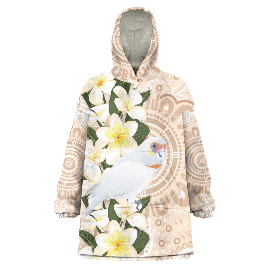 Australia Long-billed Corella Wearable Blanket Hoodie Cacatua Tenuirostris Plumeria Aboriginal Art - Aussie Hoodie