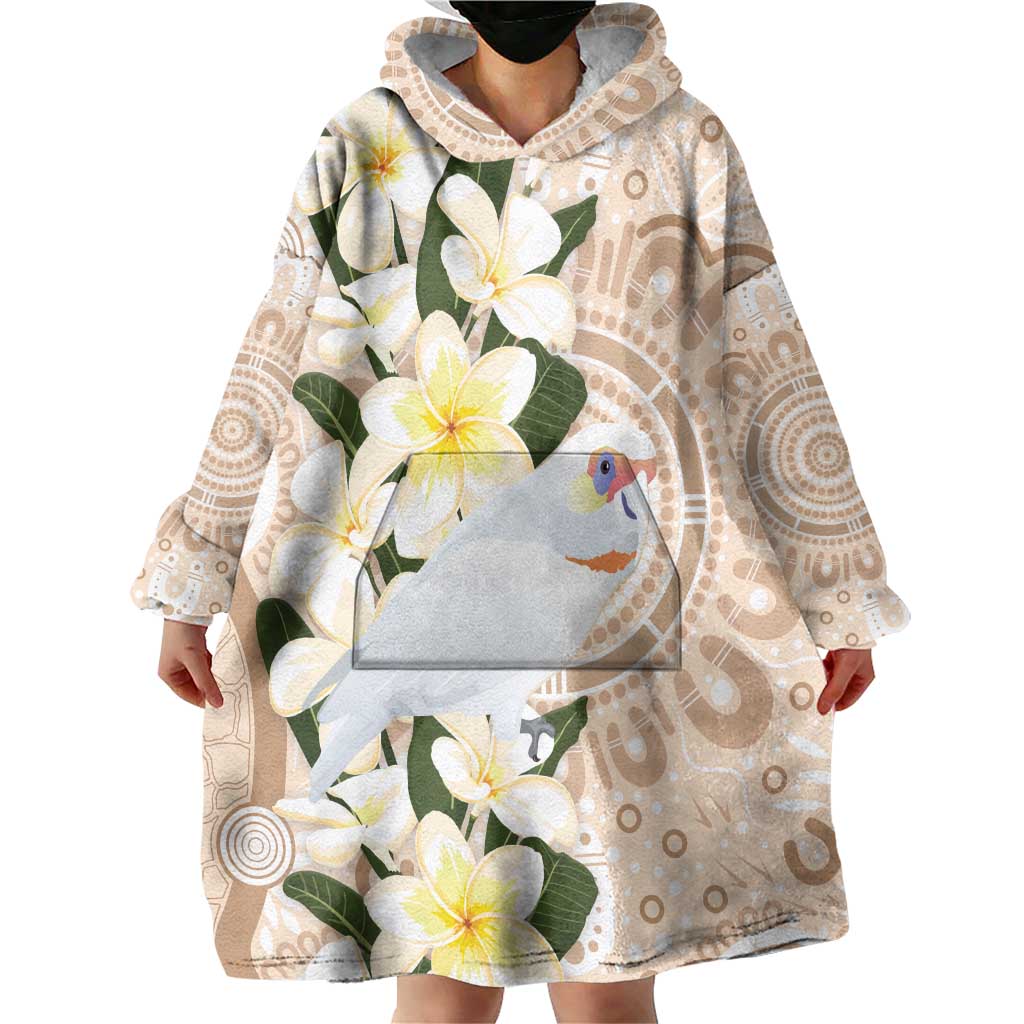Australia Long-billed Corella Wearable Blanket Hoodie Cacatua Tenuirostris Plumeria Aboriginal Art - Aussie Hoodie
