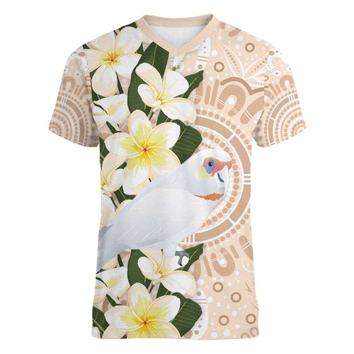 Australia Long-billed Corella Women V-Neck T-Shirt Cacatua Tenuirostris Plumeria Aboriginal Art - Aussie Hoodie