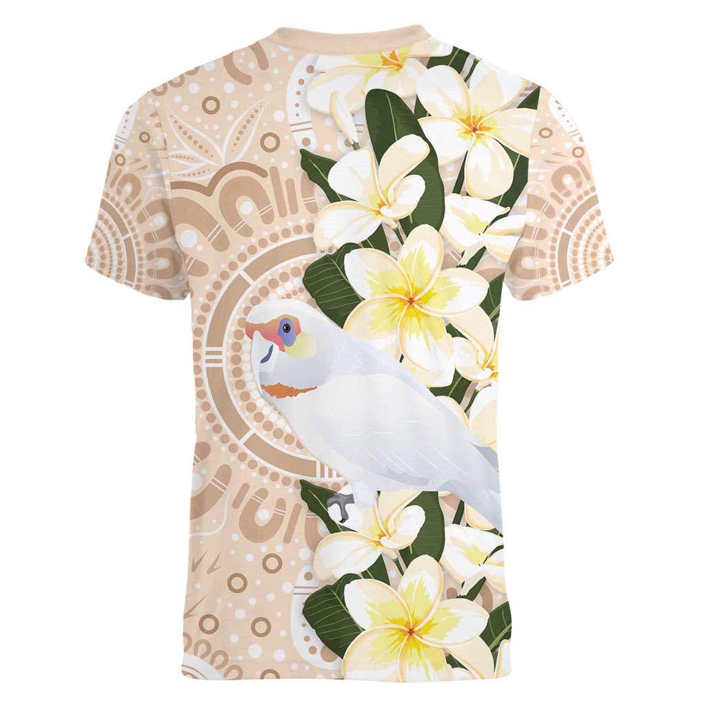 Australia Long-billed Corella Women V-Neck T-Shirt Cacatua Tenuirostris Plumeria Aboriginal Art - Aussie Hoodie