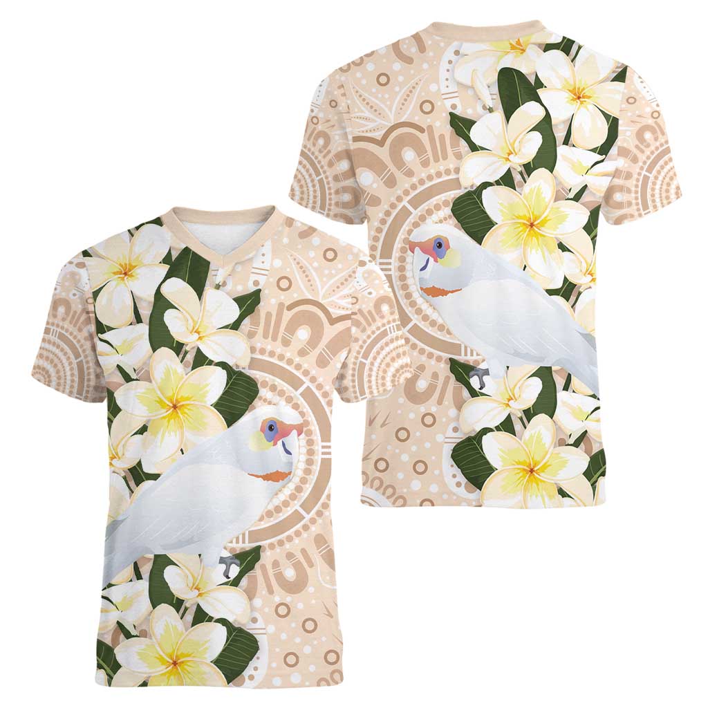 Australia Long-billed Corella Women V-Neck T-Shirt Cacatua Tenuirostris Plumeria Aboriginal Art - Aussie Hoodie