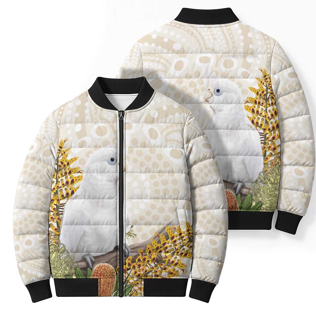 Australia Little Corella Bomber Puffer Jacket Cacatua Sanguinea Western Grevillea Aboriginal Art - Aussie Hoodie