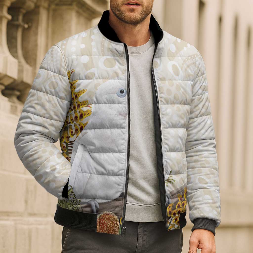 Australia Little Corella Bomber Puffer Jacket Cacatua Sanguinea Western Grevillea Aboriginal Art - Aussie Hoodie