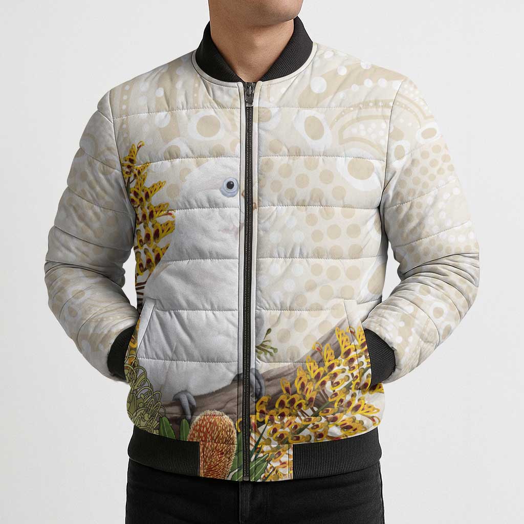 Australia Little Corella Bomber Puffer Jacket Cacatua Sanguinea Western Grevillea Aboriginal Art - Aussie Hoodie