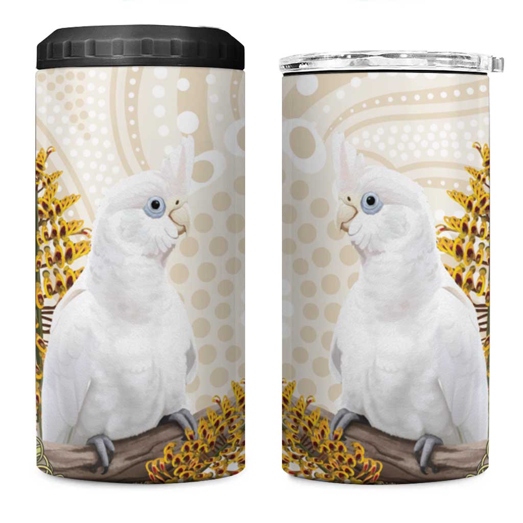 Australia Little Corella 4 in 1 Can Cooler Tumbler Cacatua Sanguinea Western Grevillea Aboriginal Art - Aussie Hoodie
