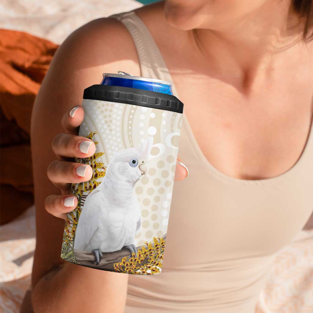 Australia Little Corella 4 in 1 Can Cooler Tumbler Cacatua Sanguinea Western Grevillea Aboriginal Art - Aussie Hoodie