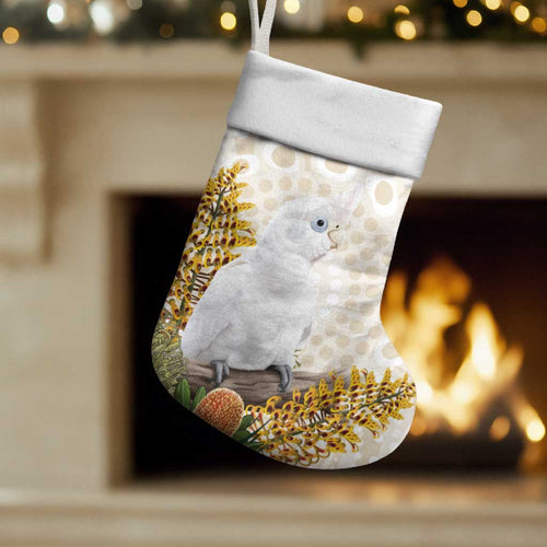 Australia Little Corella Christmas Stocking Cacatua Sanguinea Western Grevillea Aboriginal Art - Aussie Hoodie