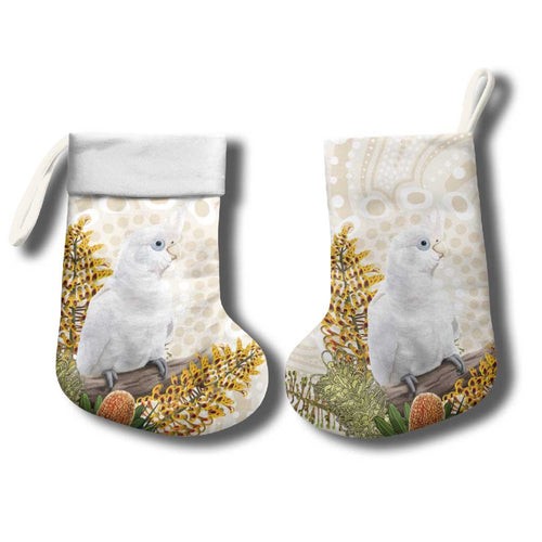 Australia Little Corella Christmas Stocking Cacatua Sanguinea Western Grevillea Aboriginal Art - Aussie Hoodie
