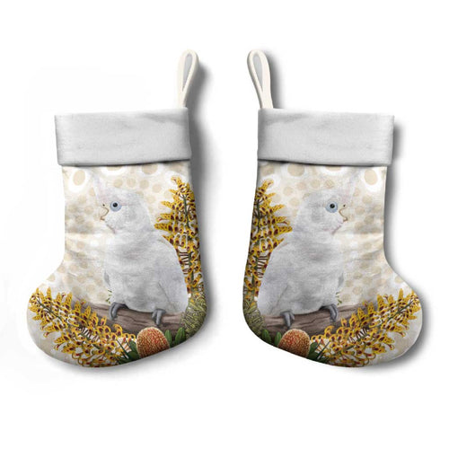 Australia Little Corella Christmas Stocking Cacatua Sanguinea Western Grevillea Aboriginal Art - Aussie Hoodie