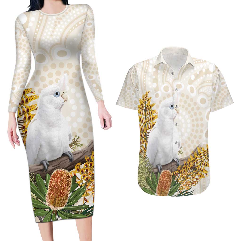 Australia Little Corella Couples Matching Long Sleeve Bodycon Dress and Hawaiian Shirt Cacatua Sanguinea Western Grevillea Aboriginal Art - Aussie Hoodie