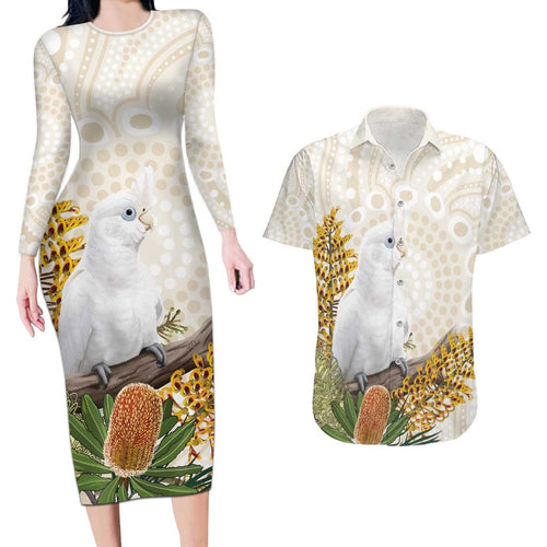 Australia Little Corella Couples Matching Long Sleeve Bodycon Dress and Hawaiian Shirt Cacatua Sanguinea Western Grevillea Aboriginal Art - Aussie Hoodie