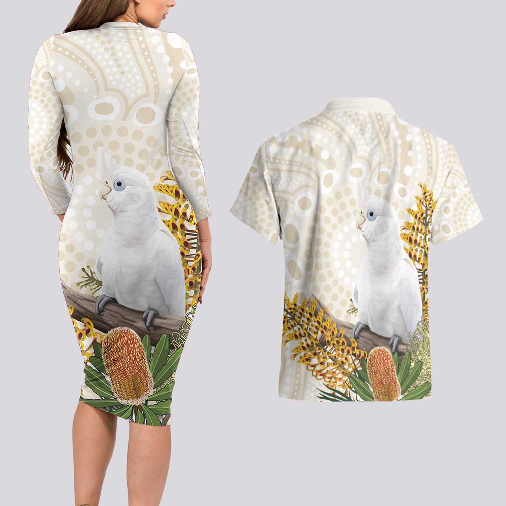 Australia Little Corella Couples Matching Long Sleeve Bodycon Dress and Hawaiian Shirt Cacatua Sanguinea Western Grevillea Aboriginal Art - Aussie Hoodie