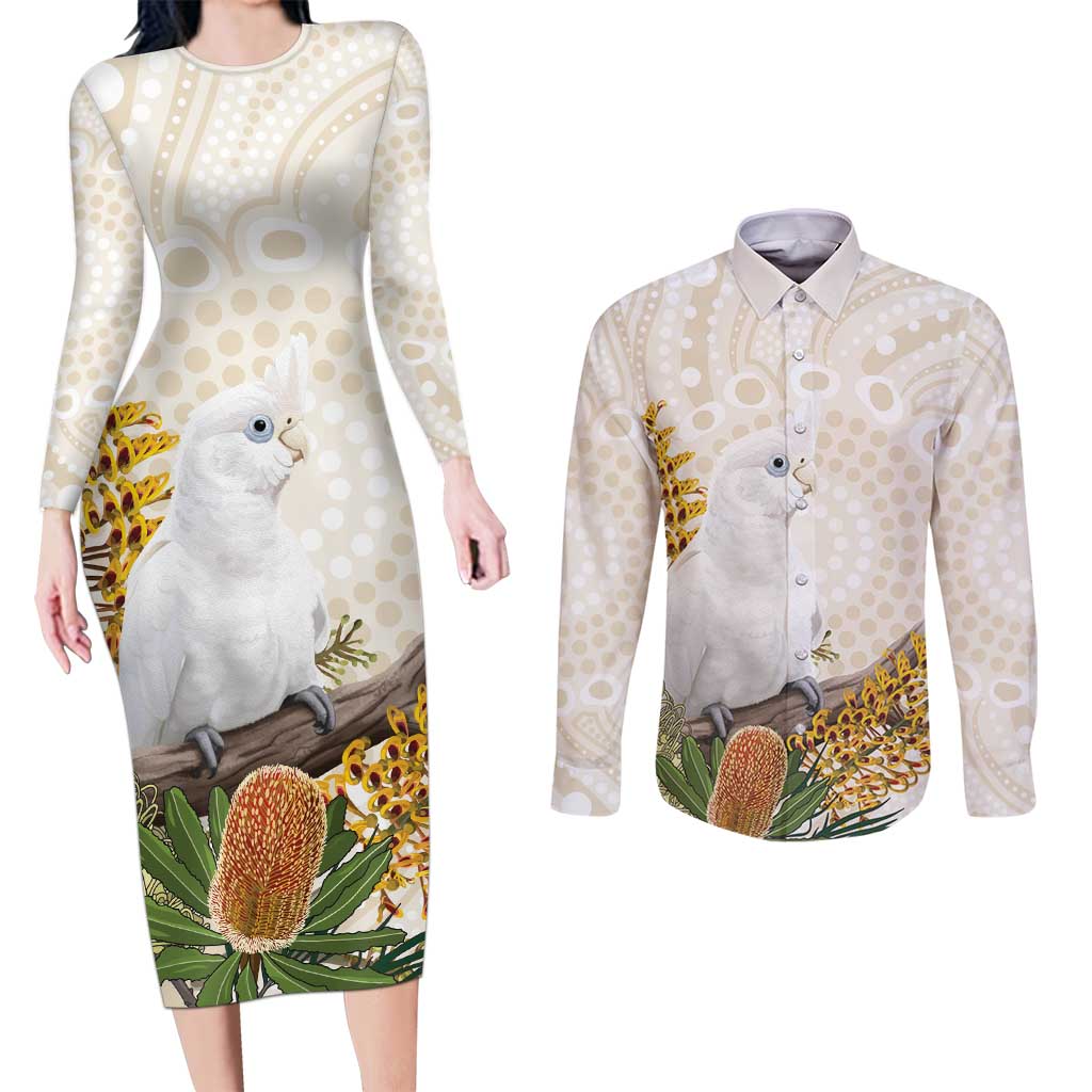 Australia Little Corella Couples Matching Long Sleeve Bodycon Dress and Long Sleeve Button Shirt Cacatua Sanguinea Western Grevillea Aboriginal Art - Aussie Hoodie