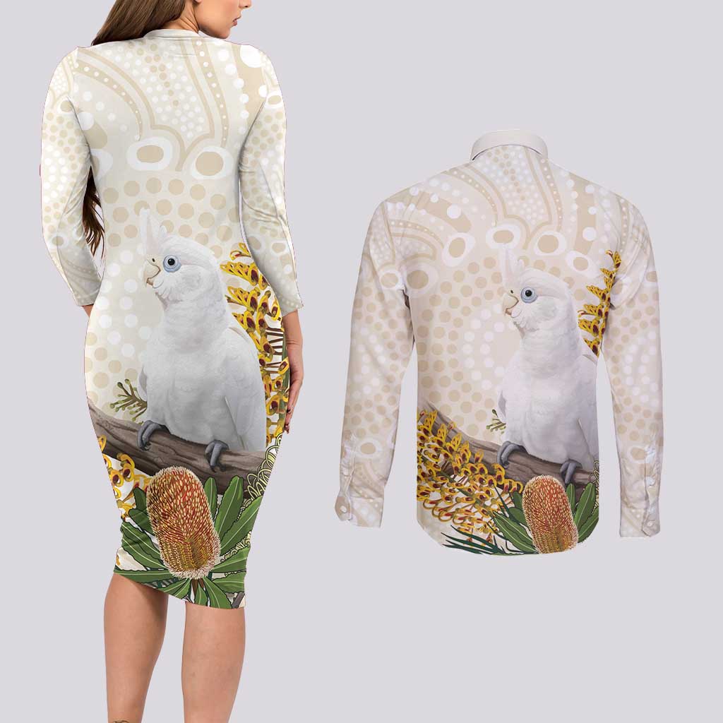 Australia Little Corella Couples Matching Long Sleeve Bodycon Dress and Long Sleeve Button Shirt Cacatua Sanguinea Western Grevillea Aboriginal Art - Aussie Hoodie