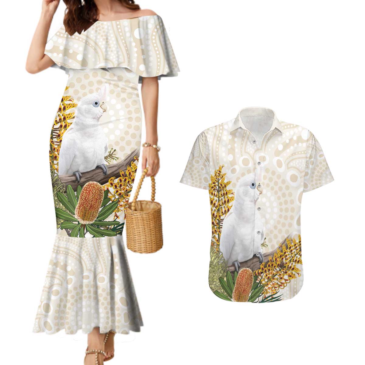 Australia Little Corella Couples Matching Mermaid Dress and Hawaiian Shirt Cacatua Sanguinea Western Grevillea Aboriginal Art - Aussie Hoodie