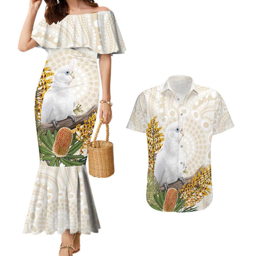 Australia Little Corella Couples Matching Mermaid Dress and Hawaiian Shirt Cacatua Sanguinea Western Grevillea Aboriginal Art - Aussie Hoodie