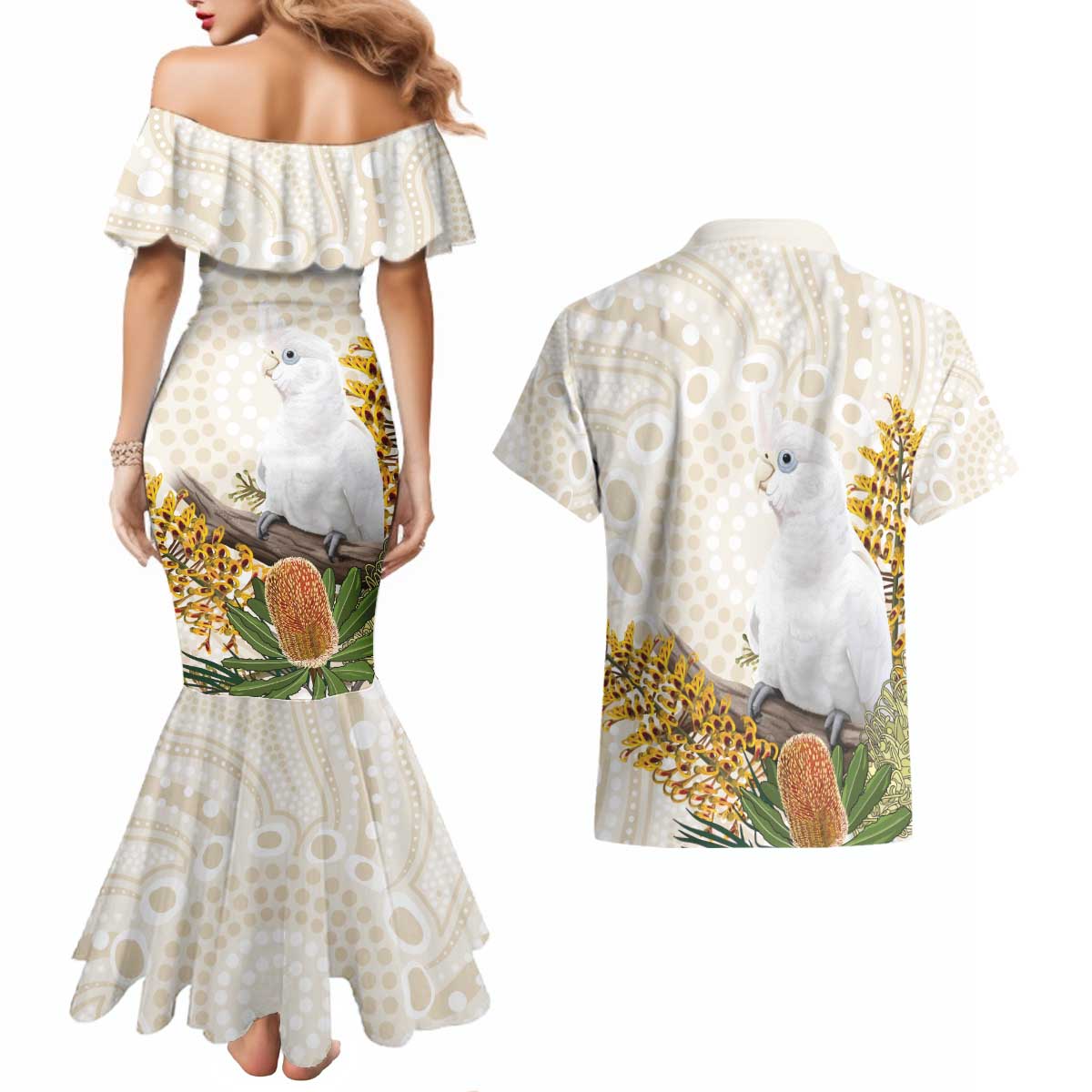 Australia Little Corella Couples Matching Mermaid Dress and Hawaiian Shirt Cacatua Sanguinea Western Grevillea Aboriginal Art - Aussie Hoodie