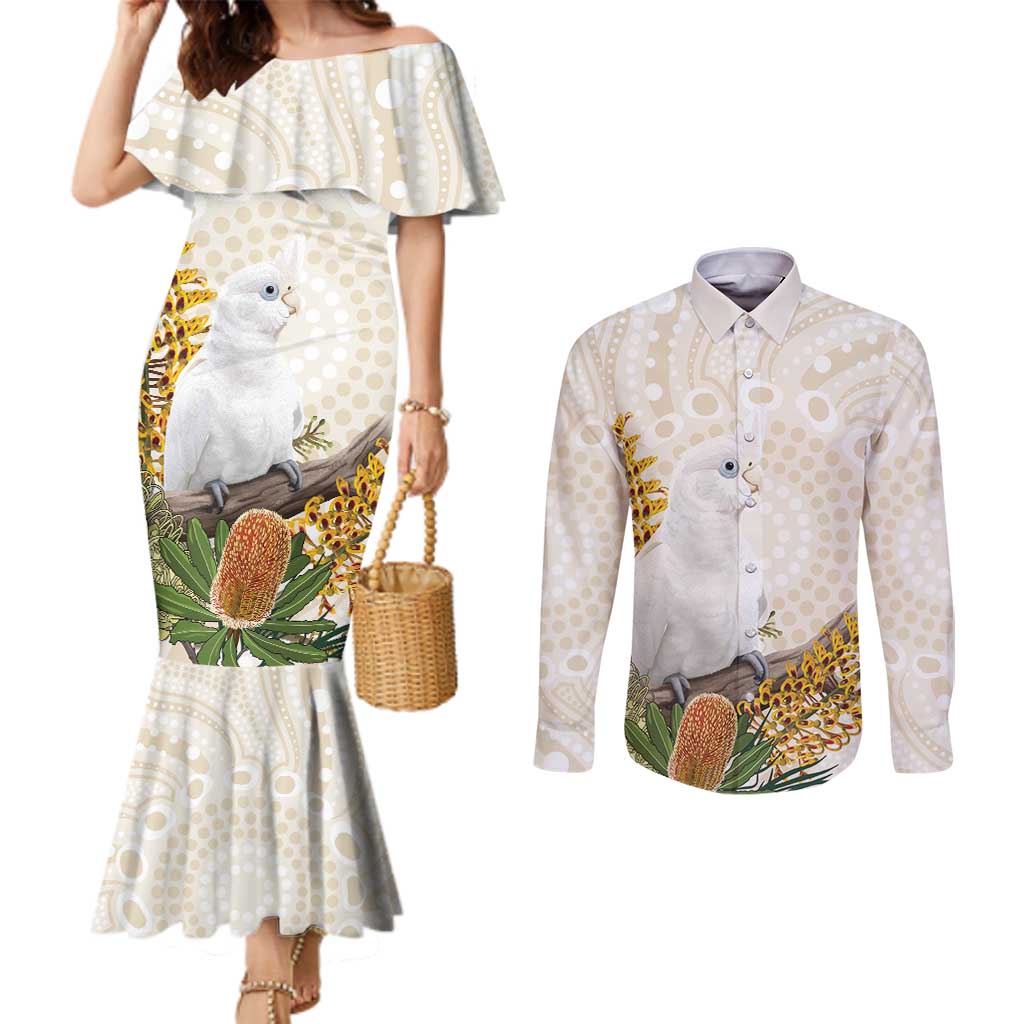 Australia Little Corella Couples Matching Mermaid Dress and Long Sleeve Button Shirt Cacatua Sanguinea Western Grevillea Aboriginal Art - Aussie Hoodie