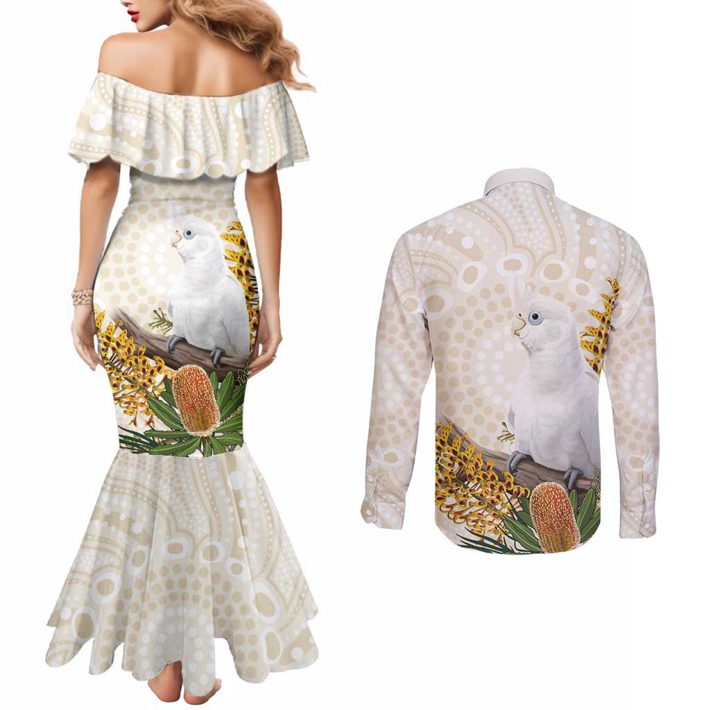 Australia Little Corella Couples Matching Mermaid Dress and Long Sleeve Button Shirt Cacatua Sanguinea Western Grevillea Aboriginal Art - Aussie Hoodie
