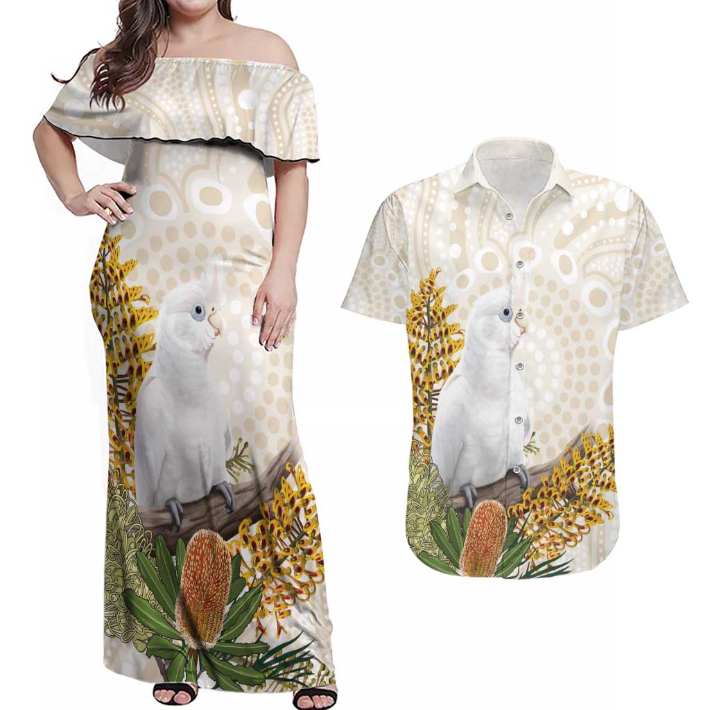 Australia Little Corella Couples Matching Off Shoulder Maxi Dress and Hawaiian Shirt Cacatua Sanguinea Western Grevillea Aboriginal Art - Aussie Hoodie