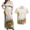 Australia Little Corella Couples Matching Off Shoulder Maxi Dress and Hawaiian Shirt Cacatua Sanguinea Western Grevillea Aboriginal Art - Aussie Hoodie