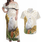 Australia Little Corella Couples Matching Off Shoulder Maxi Dress and Hawaiian Shirt Cacatua Sanguinea Western Grevillea Aboriginal Art - Aussie Hoodie
