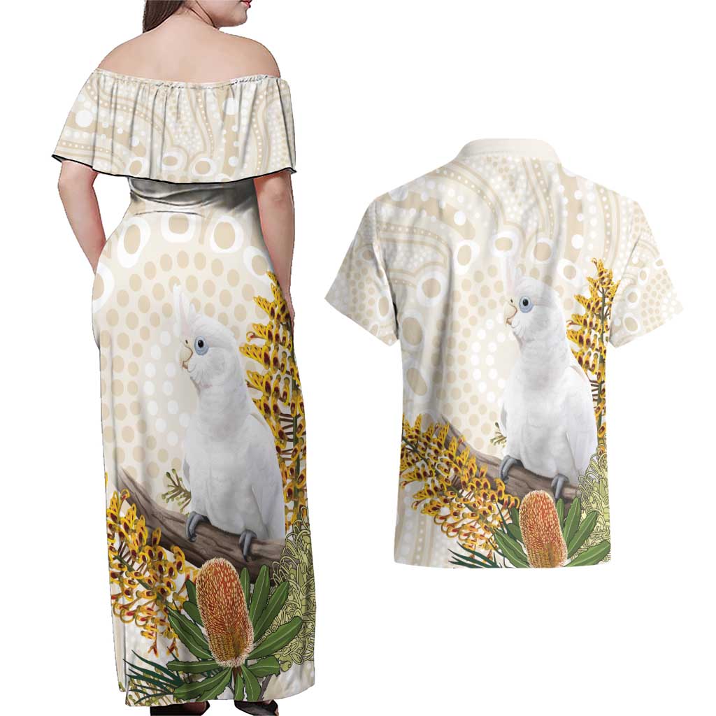 Australia Little Corella Couples Matching Off Shoulder Maxi Dress and Hawaiian Shirt Cacatua Sanguinea Western Grevillea Aboriginal Art - Aussie Hoodie