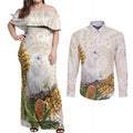 Australia Little Corella Couples Matching Off Shoulder Maxi Dress and Long Sleeve Button Shirt Cacatua Sanguinea Western Grevillea Aboriginal Art - Aussie Hoodie