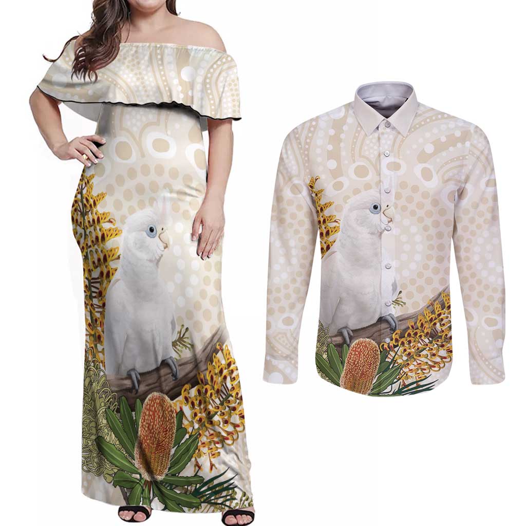 Australia Little Corella Couples Matching Off Shoulder Maxi Dress and Long Sleeve Button Shirt Cacatua Sanguinea Western Grevillea Aboriginal Art - Aussie Hoodie