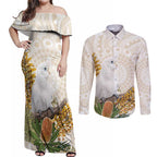 Australia Little Corella Couples Matching Off Shoulder Maxi Dress and Long Sleeve Button Shirt Cacatua Sanguinea Western Grevillea Aboriginal Art - Aussie Hoodie