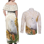 Australia Little Corella Couples Matching Off Shoulder Maxi Dress and Long Sleeve Button Shirt Cacatua Sanguinea Western Grevillea Aboriginal Art - Aussie Hoodie