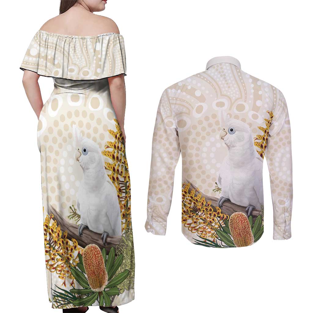 Australia Little Corella Couples Matching Off Shoulder Maxi Dress and Long Sleeve Button Shirt Cacatua Sanguinea Western Grevillea Aboriginal Art - Aussie Hoodie