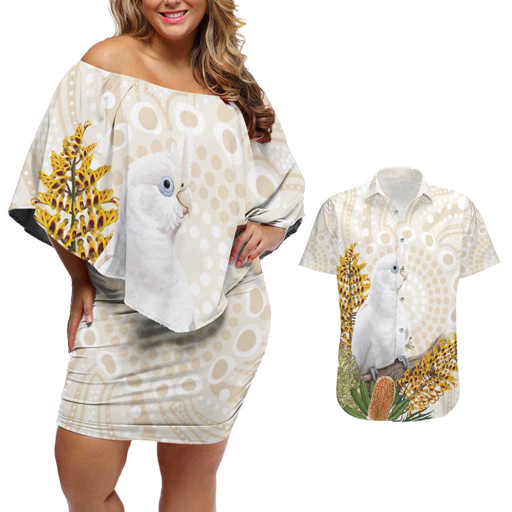 Australia Little Corella Couples Matching Off Shoulder Short Dress and Hawaiian Shirt Cacatua Sanguinea Western Grevillea Aboriginal Art - Aussie Hoodie