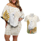Australia Little Corella Couples Matching Off Shoulder Short Dress and Hawaiian Shirt Cacatua Sanguinea Western Grevillea Aboriginal Art - Aussie Hoodie