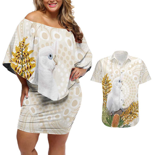 Australia Little Corella Couples Matching Off Shoulder Short Dress and Hawaiian Shirt Cacatua Sanguinea Western Grevillea Aboriginal Art - Aussie Hoodie