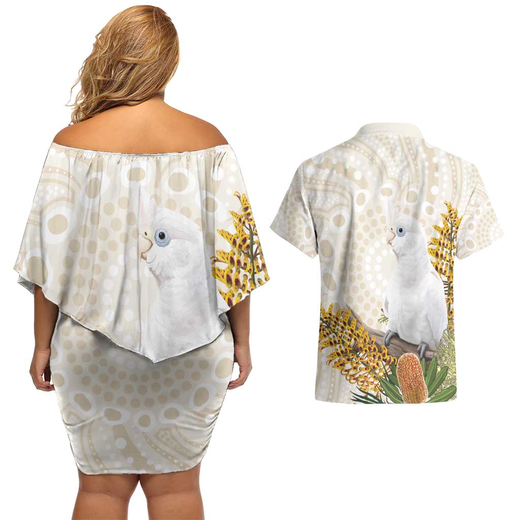 Australia Little Corella Couples Matching Off Shoulder Short Dress and Hawaiian Shirt Cacatua Sanguinea Western Grevillea Aboriginal Art - Aussie Hoodie