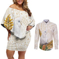 Australia Little Corella Couples Matching Off Shoulder Short Dress and Long Sleeve Button Shirt Cacatua Sanguinea Western Grevillea Aboriginal Art - Aussie Hoodie